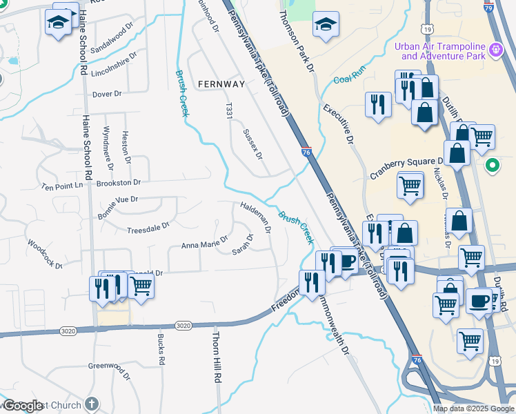 map of restaurants, bars, coffee shops, grocery stores, and more near 322 Haldeman Drive in Cranberry Township