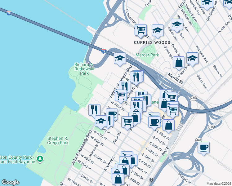 map of restaurants, bars, coffee shops, grocery stores, and more near 127 West 53rd Street in Bayonne