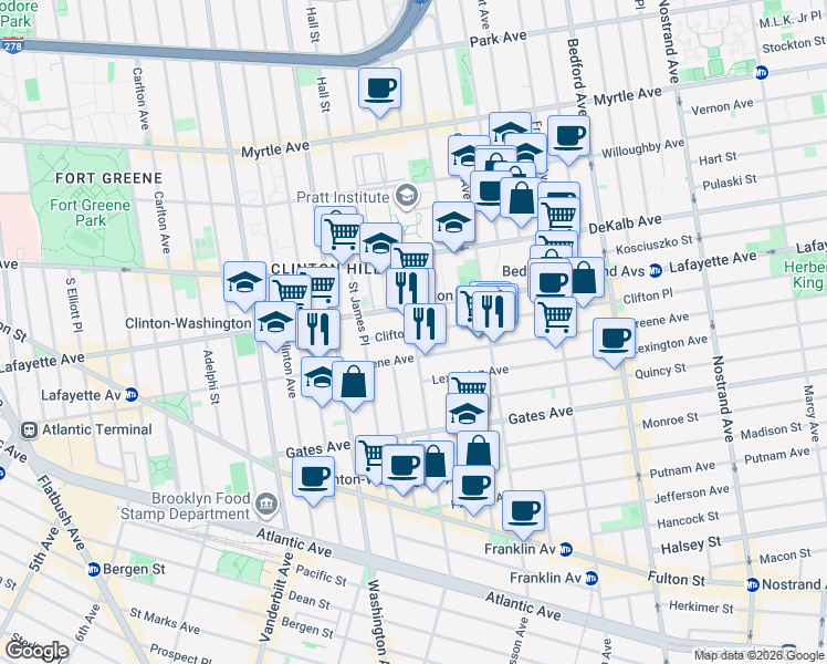 map of restaurants, bars, coffee shops, grocery stores, and more near Grand Avenue & Clifton Place in Brooklyn