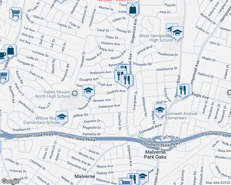 map of restaurants, bars, coffee shops, grocery stores, and more near 685 Seabury Avenue in Franklin Square