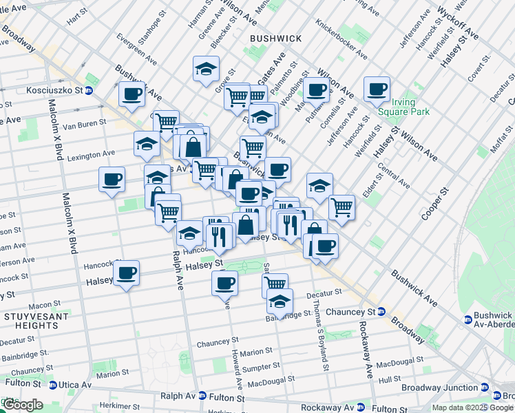 map of restaurants, bars, coffee shops, grocery stores, and more near 1485 Broadway in Brooklyn