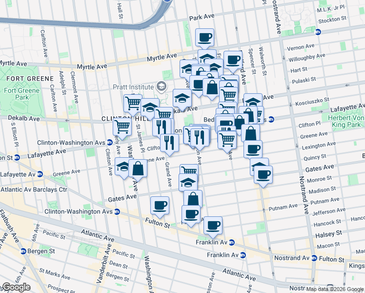 map of restaurants, bars, coffee shops, grocery stores, and more near 82 Clifton Place in Brooklyn
