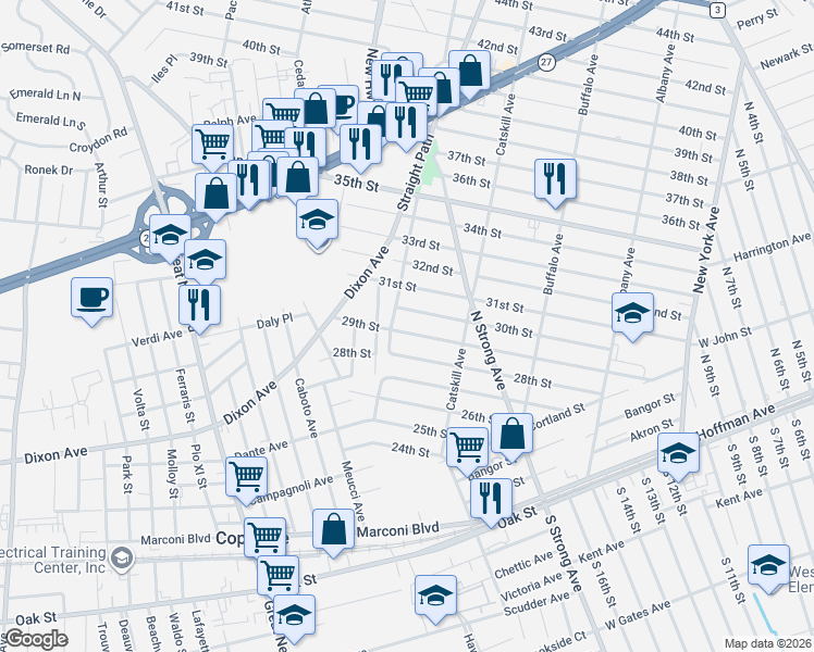 map of restaurants, bars, coffee shops, grocery stores, and more near 310 29th Street in Copiague