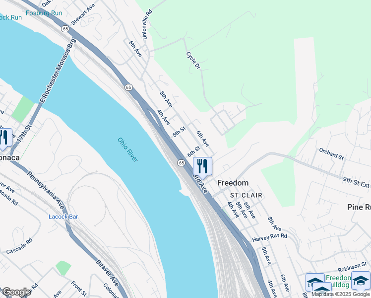 map of restaurants, bars, coffee shops, grocery stores, and more near 345 6th Street in Freedom