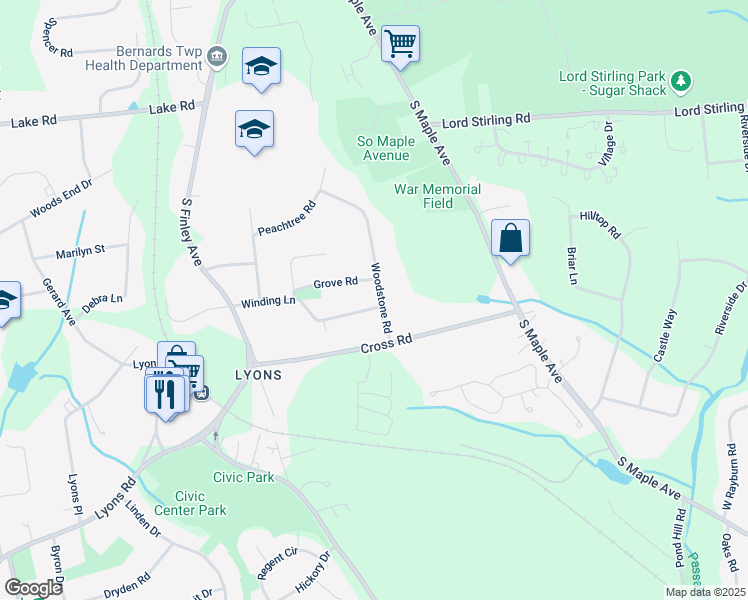 map of restaurants, bars, coffee shops, grocery stores, and more near 123 Sunset Lane in Bernards