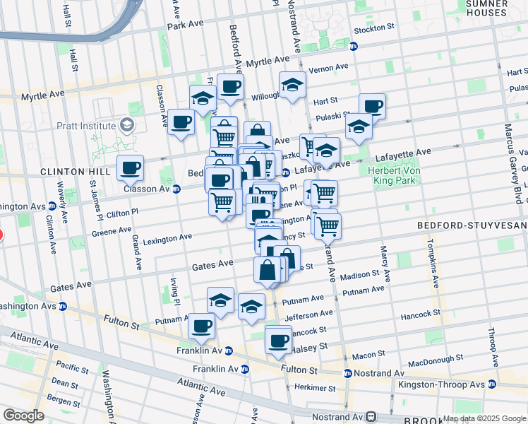 map of restaurants, bars, coffee shops, grocery stores, and more near 1053 Bedford Avenue in Brooklyn