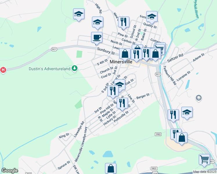 map of restaurants, bars, coffee shops, grocery stores, and more near 414 Laurel Street in Minersville