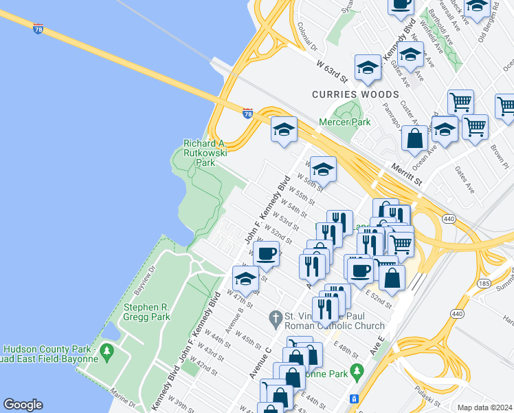 map of restaurants, bars, coffee shops, grocery stores, and more near 162 West 53rd Street in Bayonne