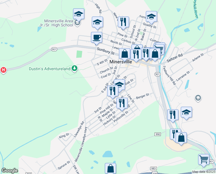 map of restaurants, bars, coffee shops, grocery stores, and more near 430 Laurel Street in Minersville
