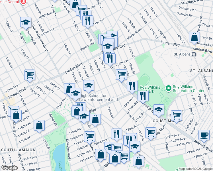 map of restaurants, bars, coffee shops, grocery stores, and more near 169-01 116th Avenue in Queens