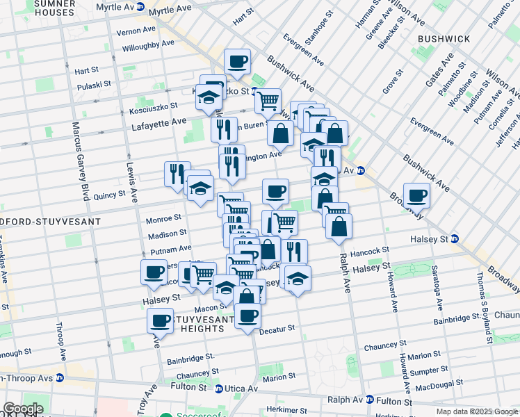 map of restaurants, bars, coffee shops, grocery stores, and more near 697 Madison Street in Brooklyn