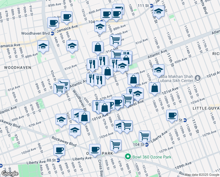 map of restaurants, bars, coffee shops, grocery stores, and more near 98-21 97th Avenue in Queens