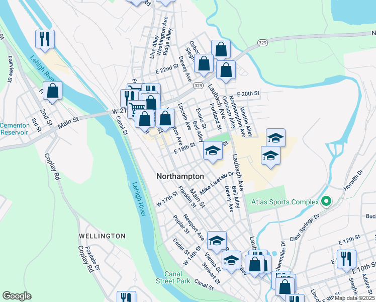 map of restaurants, bars, coffee shops, grocery stores, and more near 1753 Washington Avenue in Northampton