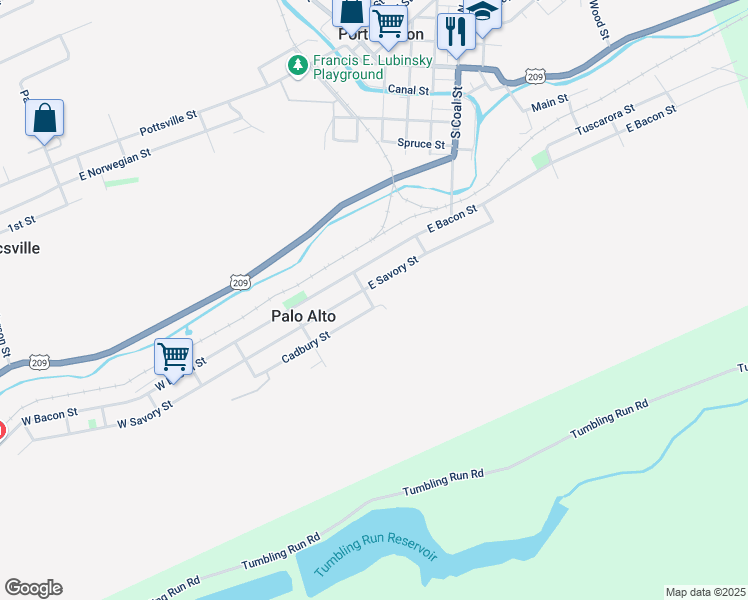 map of restaurants, bars, coffee shops, grocery stores, and more near 115 North George Street in Pottsville