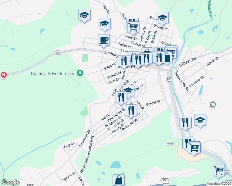 map of restaurants, bars, coffee shops, grocery stores, and more near 414 Laurel Street in Minersville
