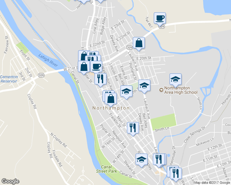 map of restaurants, bars, coffee shops, grocery stores, and more near 1753 Washington Avenue in Northampton