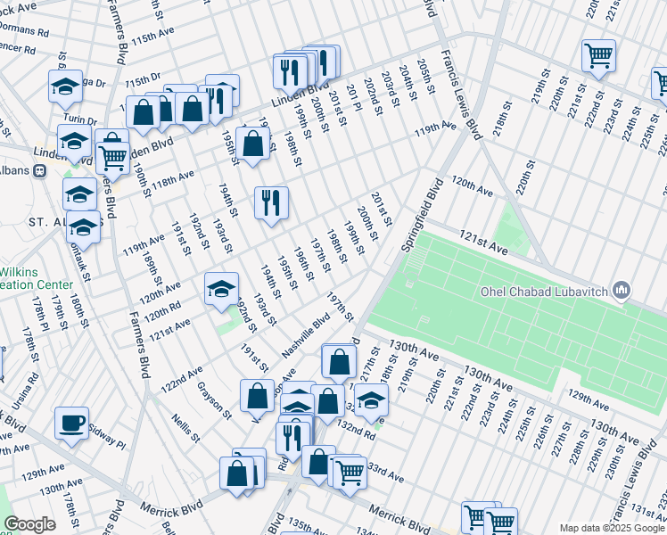 map of restaurants, bars, coffee shops, grocery stores, and more near 121-20 197th Street in Queens