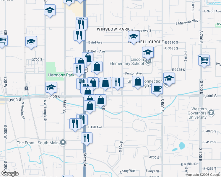 map of restaurants, bars, coffee shops, grocery stores, and more near 3860 McCall Street East in South Salt Lake
