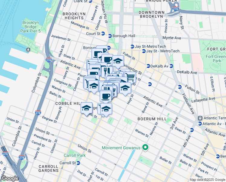 map of restaurants, bars, coffee shops, grocery stores, and more near 66 Dean Street in Brooklyn
