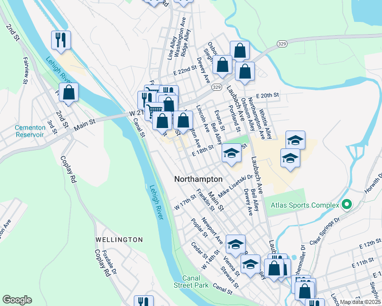 map of restaurants, bars, coffee shops, grocery stores, and more near 1803 Main Street in Northampton