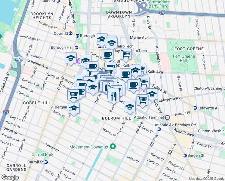 map of restaurants, bars, coffee shops, grocery stores, and more near 362 State Street in Brooklyn