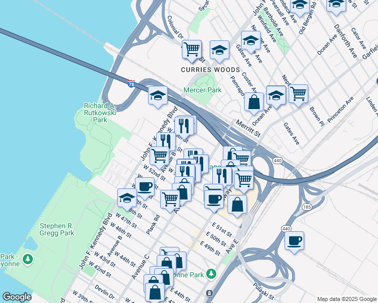 map of restaurants, bars, coffee shops, grocery stores, and more near 79 West 55th Street in Bayonne