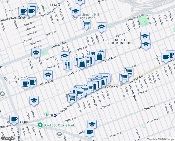 map of restaurants, bars, coffee shops, grocery stores, and more near 101-23 112th Street in Queens