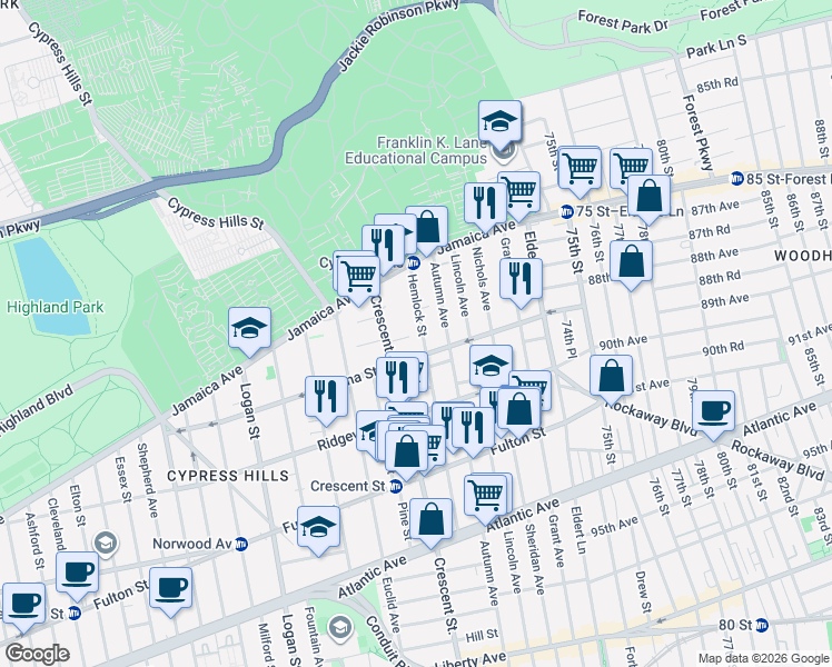 map of restaurants, bars, coffee shops, grocery stores, and more near 102 Hemlock Street in Brooklyn