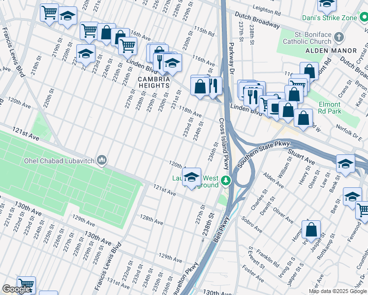 map of restaurants, bars, coffee shops, grocery stores, and more near 119-30 233rd Street in Queens