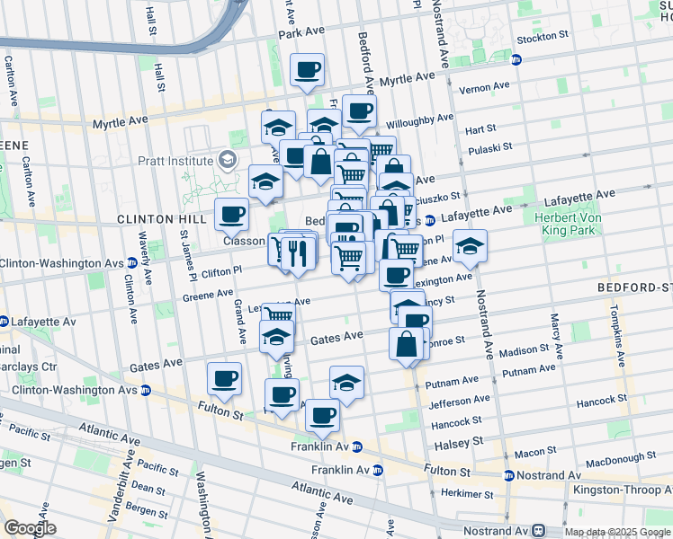 map of restaurants, bars, coffee shops, grocery stores, and more near 340 Greene Avenue in Brooklyn