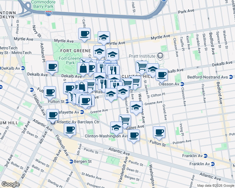 map of restaurants, bars, coffee shops, grocery stores, and more near Lafayette Ave & Vanderbilt Ave in Brooklyn