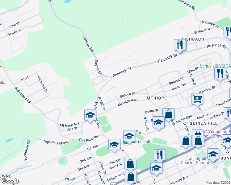map of restaurants, bars, coffee shops, grocery stores, and more near 1426 Seneca Street in Pottsville