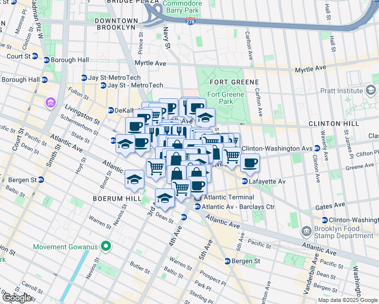 map of restaurants, bars, coffee shops, grocery stores, and more near 244 Ashland Place in Brooklyn