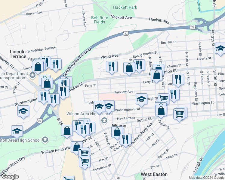 map of restaurants, bars, coffee shops, grocery stores, and more near 2061 Fairview Avenue in Easton