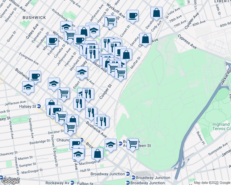 map of restaurants, bars, coffee shops, grocery stores, and more near 673 Central Avenue in Brooklyn