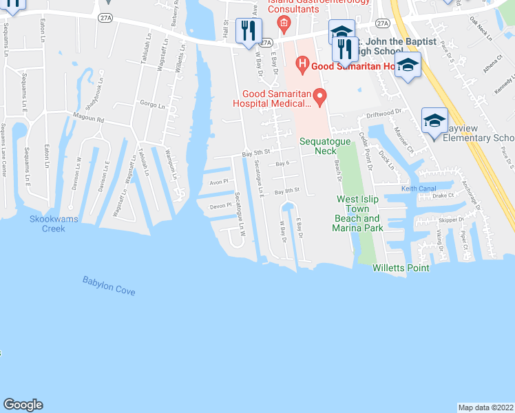 map of restaurants, bars, coffee shops, grocery stores, and more near 181 Secatogue Lane in West Islip