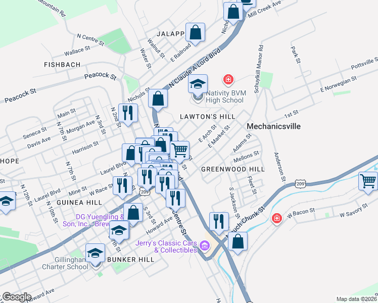 map of restaurants, bars, coffee shops, grocery stores, and more near 409 East Market Street in Pottsville