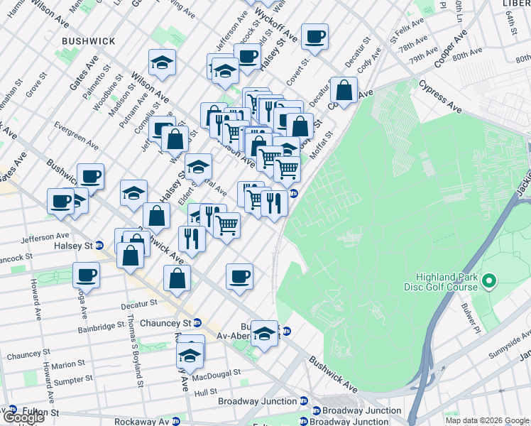 map of restaurants, bars, coffee shops, grocery stores, and more near 655 Central Avenue in Brooklyn