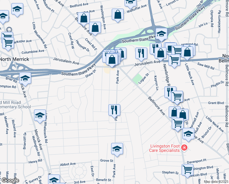 map of restaurants, bars, coffee shops, grocery stores, and more near 1310 Park Avenue in Merrick