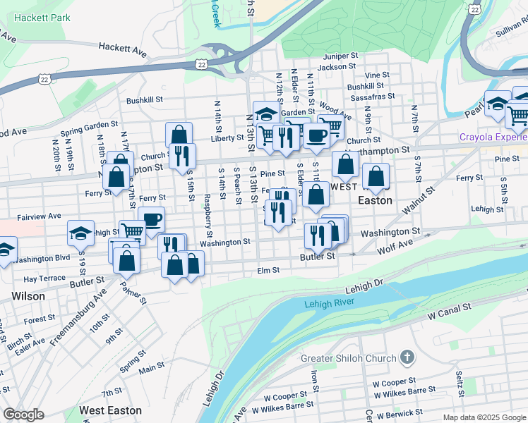 map of restaurants, bars, coffee shops, grocery stores, and more near 1301 Lehigh Street in Easton
