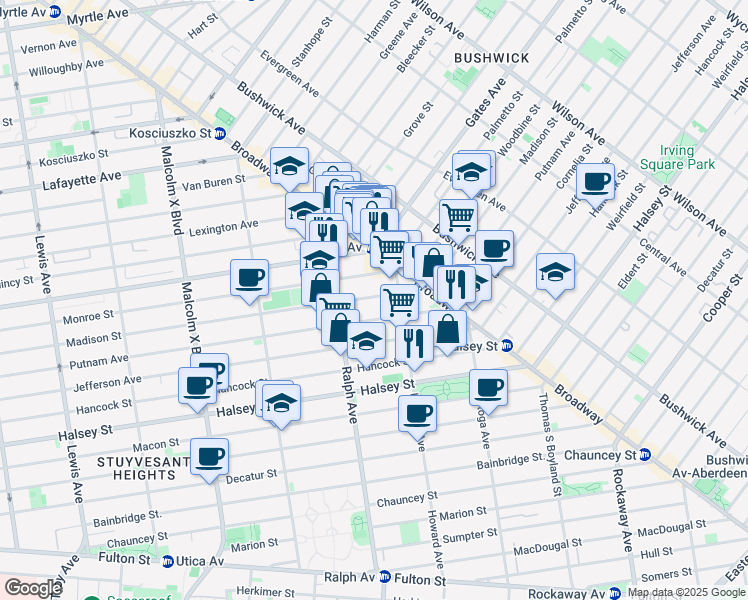 map of restaurants, bars, coffee shops, grocery stores, and more near 890 Madison Street in Brooklyn