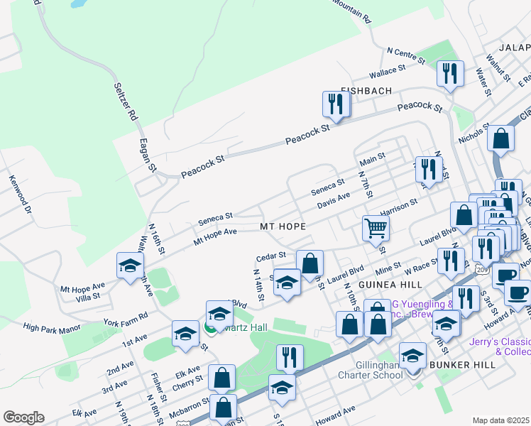 map of restaurants, bars, coffee shops, grocery stores, and more near 726 North 13th Street in Pottsville