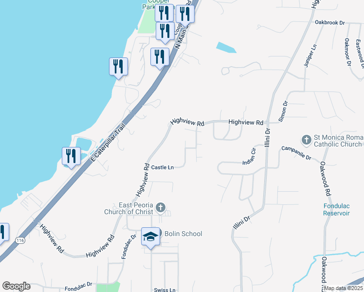 map of restaurants, bars, coffee shops, grocery stores, and more near 231 Castle Lane in East Peoria