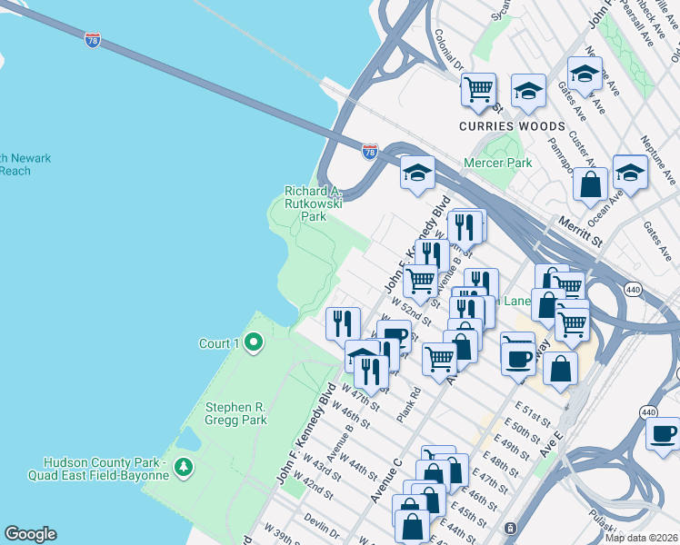 map of restaurants, bars, coffee shops, grocery stores, and more near 193 West 51st Street in Bayonne