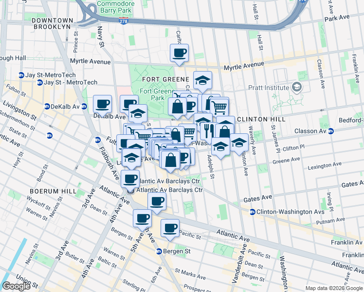 map of restaurants, bars, coffee shops, grocery stores, and more near 133 Lafayette Avenue in Brooklyn
