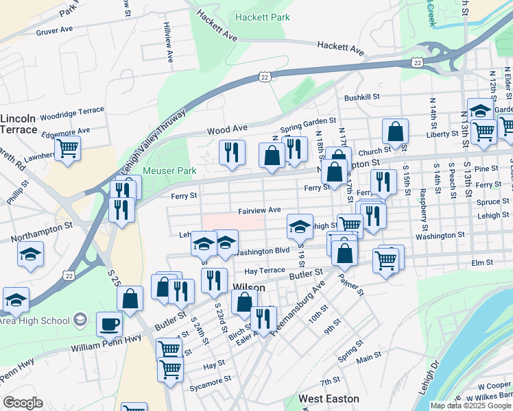 map of restaurants, bars, coffee shops, grocery stores, and more near 2005 Fairview Avenue in Easton