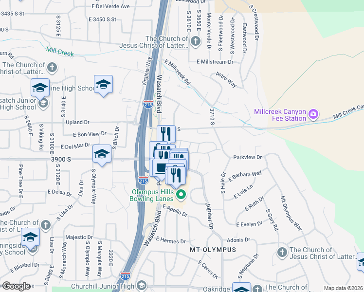 map of restaurants, bars, coffee shops, grocery stores, and more near 3862 South Quail Hollow Drive in Salt Lake City