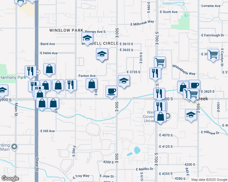 map of restaurants, bars, coffee shops, grocery stores, and more near 3880 500 East in South Salt Lake