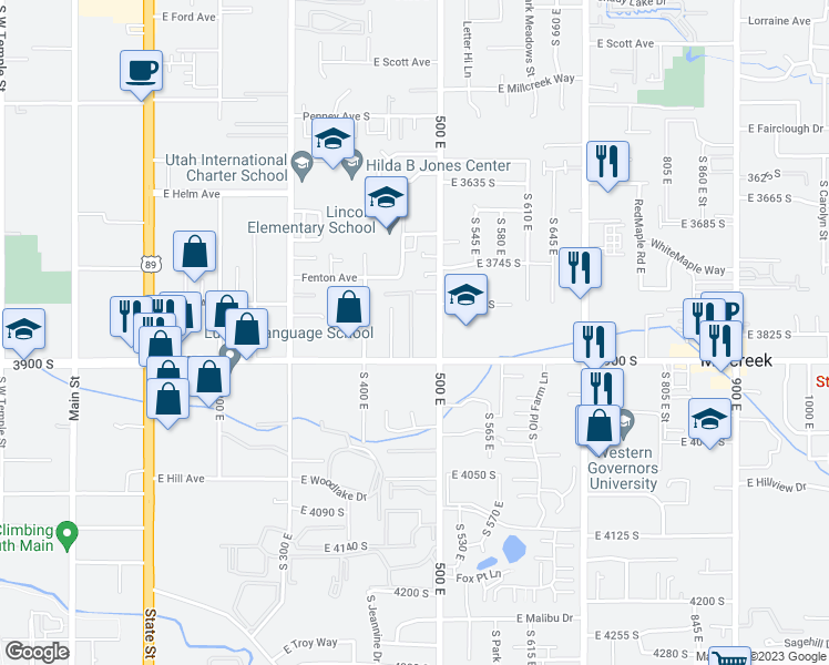 map of restaurants, bars, coffee shops, grocery stores, and more near 3880 500 East in South Salt Lake