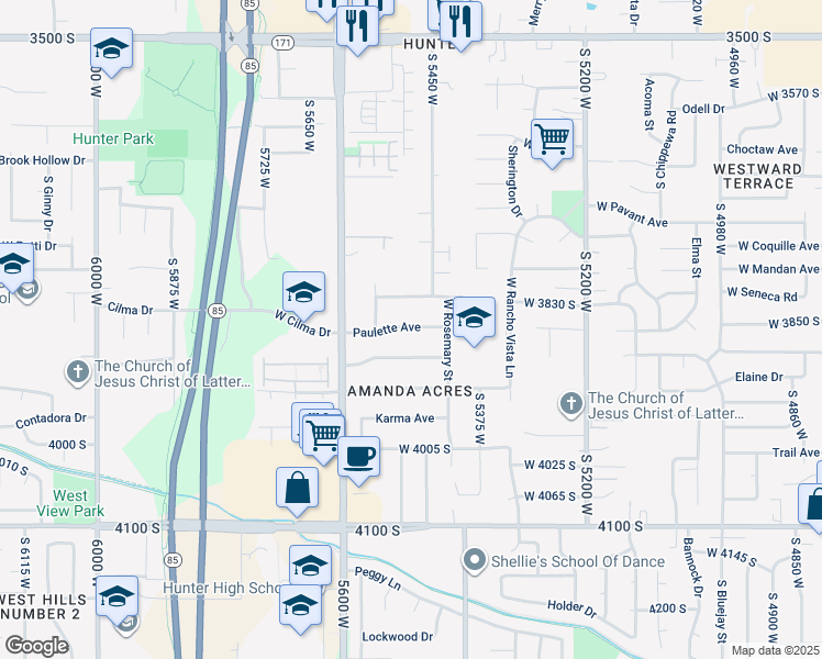 map of restaurants, bars, coffee shops, grocery stores, and more near 5465 Paulette Avenue in West Valley City